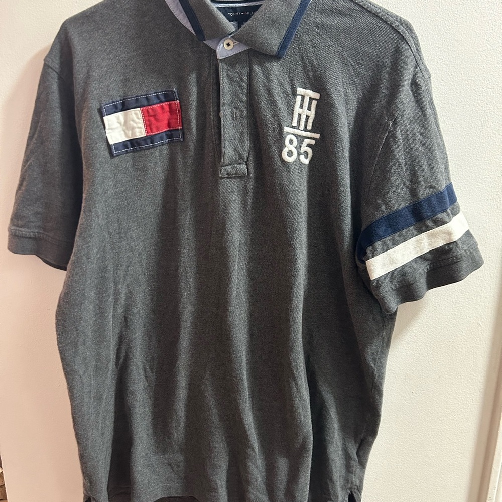 Tommy Hilfiger Mens Custom Fit Polo Shirt Gray Rugby Flag Graphic XL Number 8